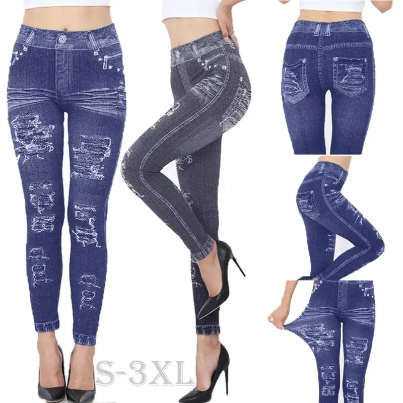New Fashion Slim Women Leggings Faux Denim Jeans Ripped Printing Seamless Pencil Pants S-3XL