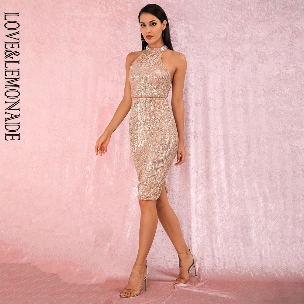 LOVE&LEMONADE Rose Gold Sexy Halter Strapless Slim Fit Elastic Sequined Knee Party Dress LM80492MID Autumn/Winter