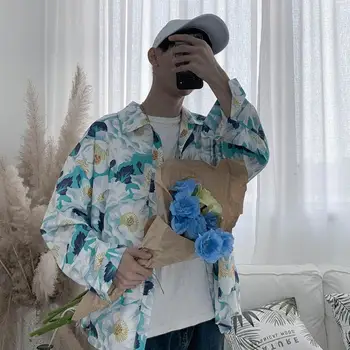 

New men's shirt casual fashion flower shirt men's trend loose new lapel long-sleeved personality men's shirt