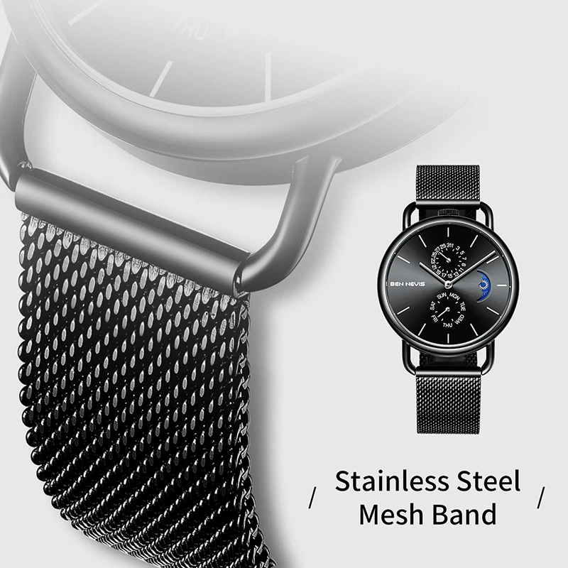 Luxury Black Men Watch Mesh Stainless Steel Casual Quartz Wrist Watch Men's Watches Clock reloj mujer relogio feminino QW016