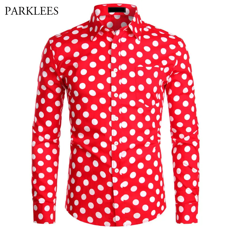 Red Mens Polka Dot Shirt Casual Button 