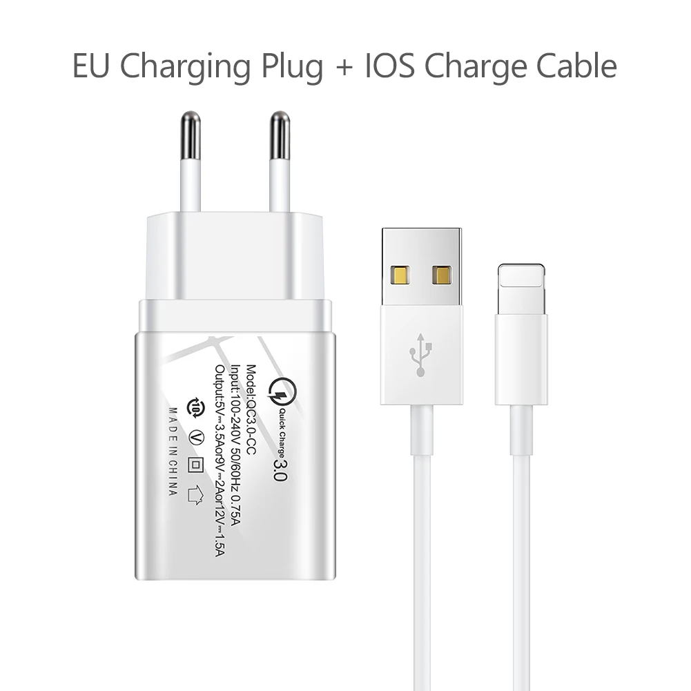With IOS Cable EU Быстрая зарядка 3,0 USB быстрое зарядное устройство EU/US QC3.0 USB настенное зарядное устройство адаптер+ кабель зарядное устройство для телефона s для iphone X Xiaomi samsung huawei - Тип штекера: With IOS Cable EU