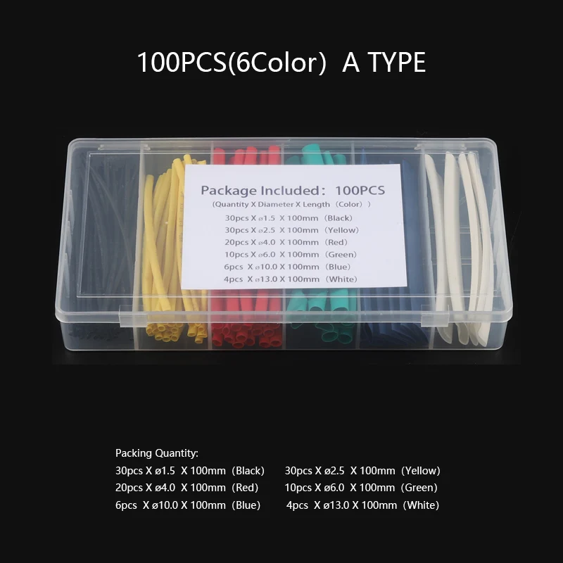 100PCS(A TYPE) Цветные термоусадочные трубки в штучной упаковке теплоизоляционные термоусадочные трубки ассортимент оплетка электронный Полиолефиновый провод кабель втулка комплект - Цвет: 100PCS(A TYPE)