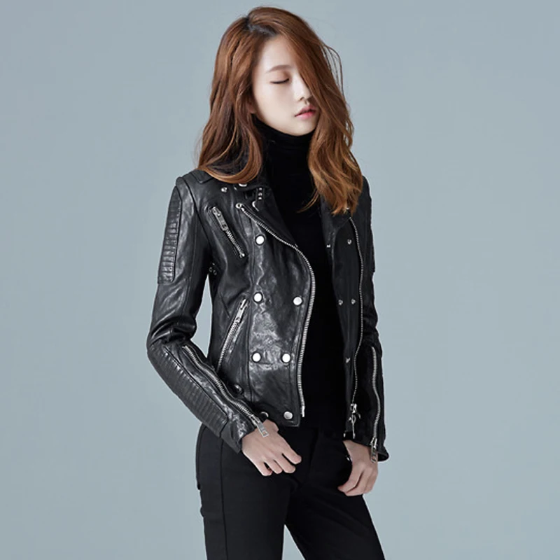 

Womens Spring Slim Genuine Leather Jacket European Short Sheepskin Rock Biker Jacket Coat Female Street Style Black Zip Outwear
