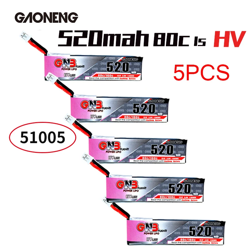 5 шт. Gaoneng GNB FPV Lipo батарея 520 мАч 3 8 в 80C 1S HV PH2.0 51005 разъем для Tinyhawk LDARC TINY Cine Whoop BetaFPV