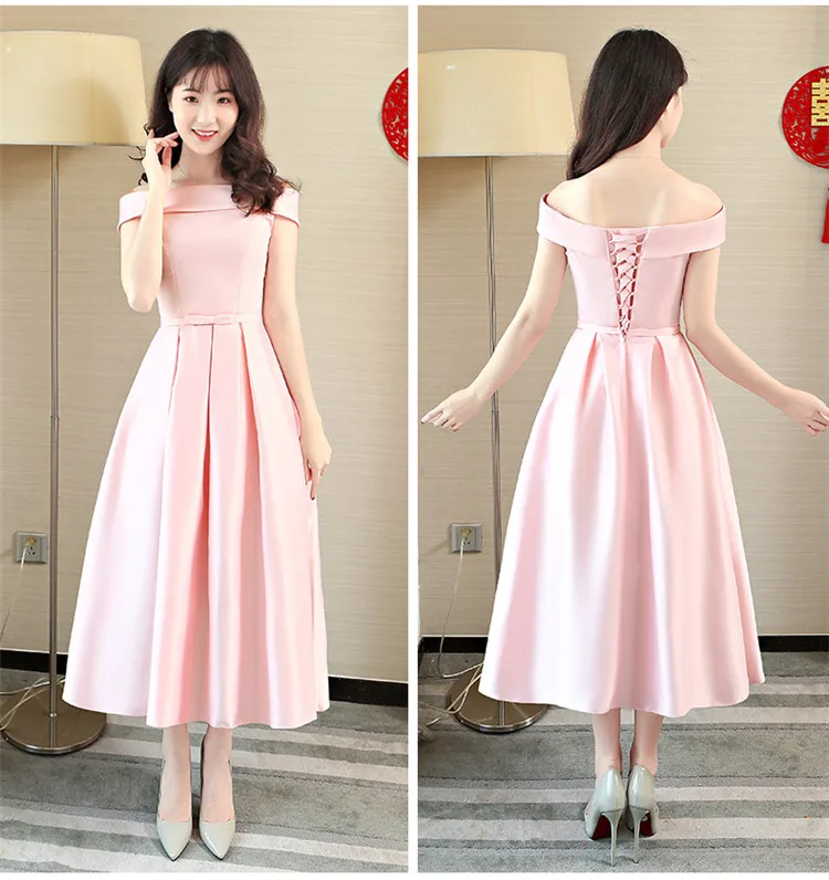 Vestido De Noiva New Pink Bridesmaid Dress Tea length Satin V neck Elegant Cheap Prom Graduation Party Formal Gown Colors