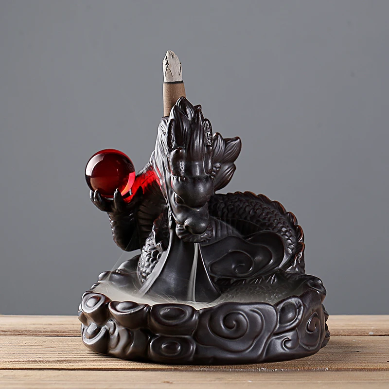 

(Red Ball Version) New Retro Handmade Dragon Incense Burner Porcelain Ceramic Backflow Incense Burner + 20*Incense Cones