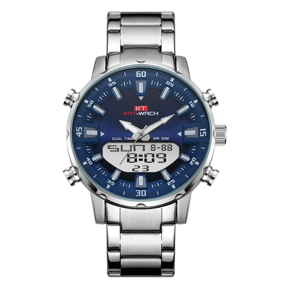 KT New Mens Watches with Stainless Steel Dual Display Waterproof 3D Dial Analog Digital Chronograph Male Sport Style KT1815 - Цвет: KT1815Blue with box