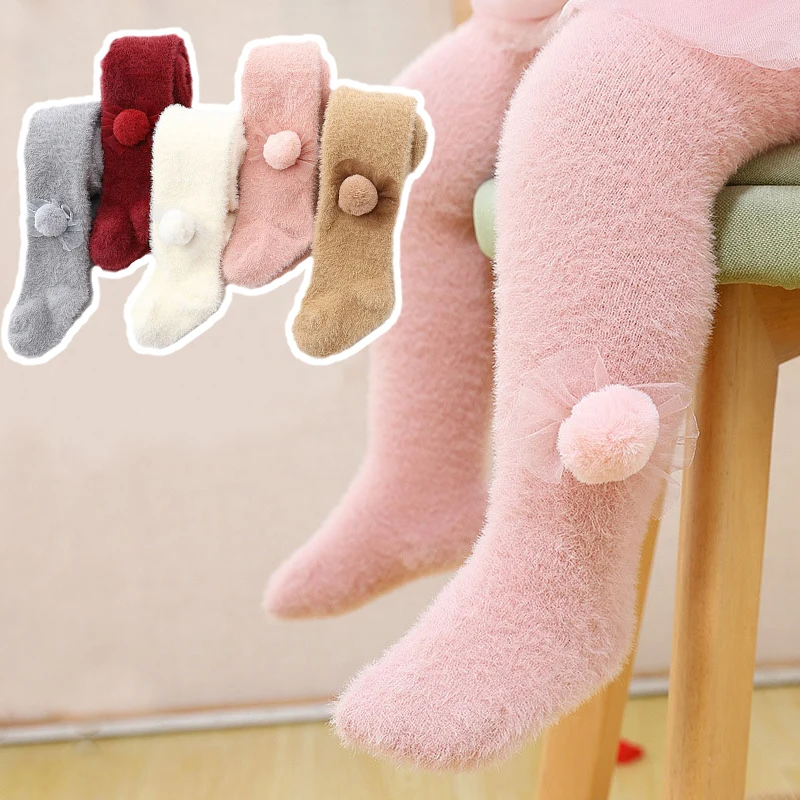 Medias de encaje con pompón para bebé, calzas de lana cálidas para niña