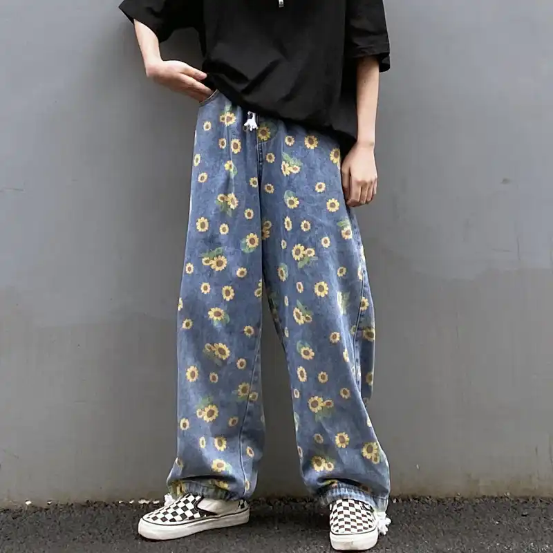 Harajuku Sunflower Print Jeans Female 