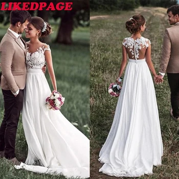 

Beach Lace Appliques Wedding Dress Cap Sleeves White Bride Dresses Train Elegant Wedding Bridal Gowns 2020 vestidos de novia