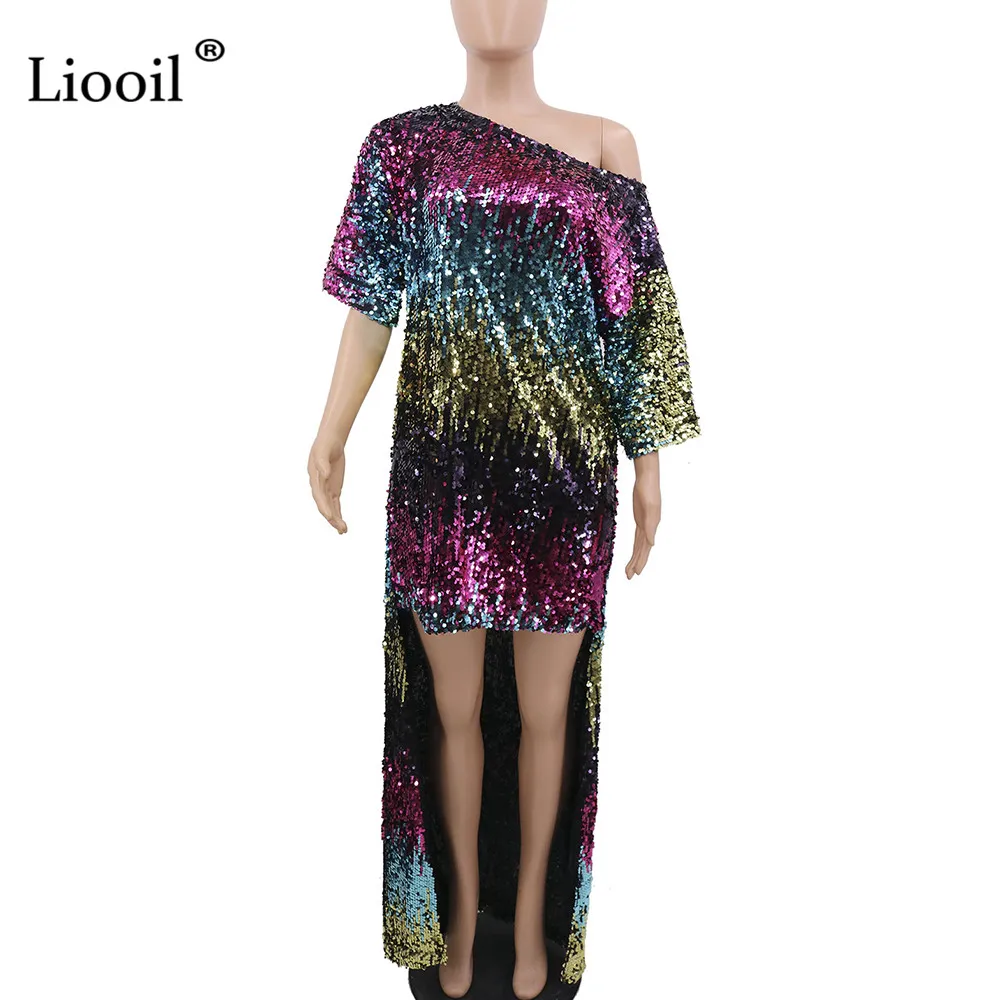 Многоцветный Liooil, цветное, с блестками, сексуальное, асимметричное, длинное, макси платье, для женщин, Клубная одежда,, с коротким рукавом, свободные платья, для женщин, вечерние, для ночного клуба - Цвет: Многоцветный
