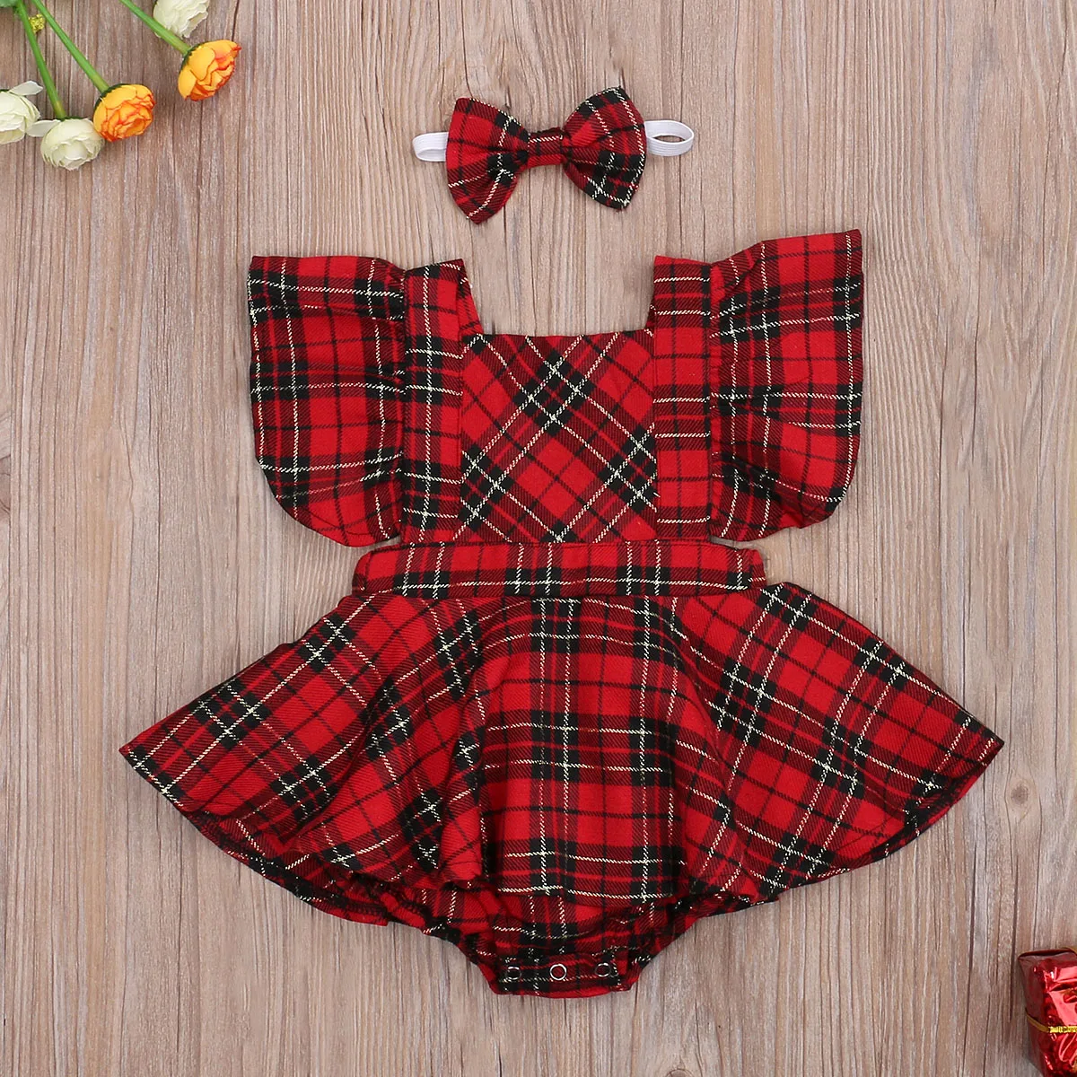 FOCUSNORM Xmas 0-24M Baby Girls Boys Rompers+Headband Plaid Print Ruffles Short Sleeve Backless Jumpsuits