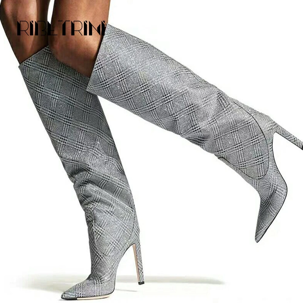 

RIBETRINI Fashion Women Genuine Leather Knee Boots 2019 Sexy Thin High Heel Pointed Toe Shoes Woman Slip On T Show Boots