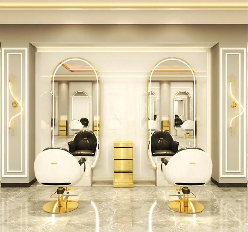 Salon high-end barber shop mirror table single and double sided hairdressing mirror with lamp reliable wall drop