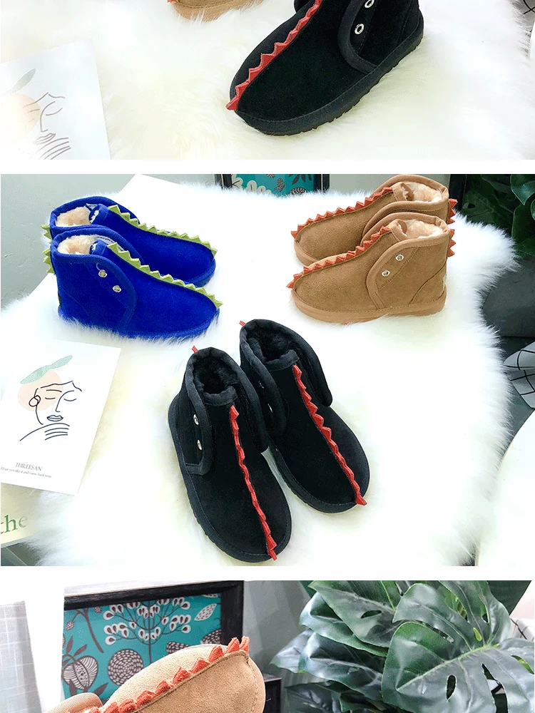 Dolakids зима Pixie динозавр мультфильм детские сапоги из воловьей кожи сапоги для мальчиков и девочек утолщенная обувь с хлопчатобумажными стельками