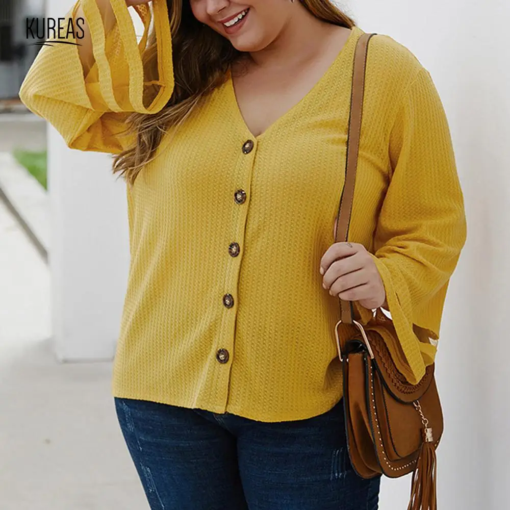 

Kureas Women Knitted Sweater Plus Size Casual Baggy Flare Sleeve Mesh Patchwork Cardigan Single Breasted Winter Autumn
