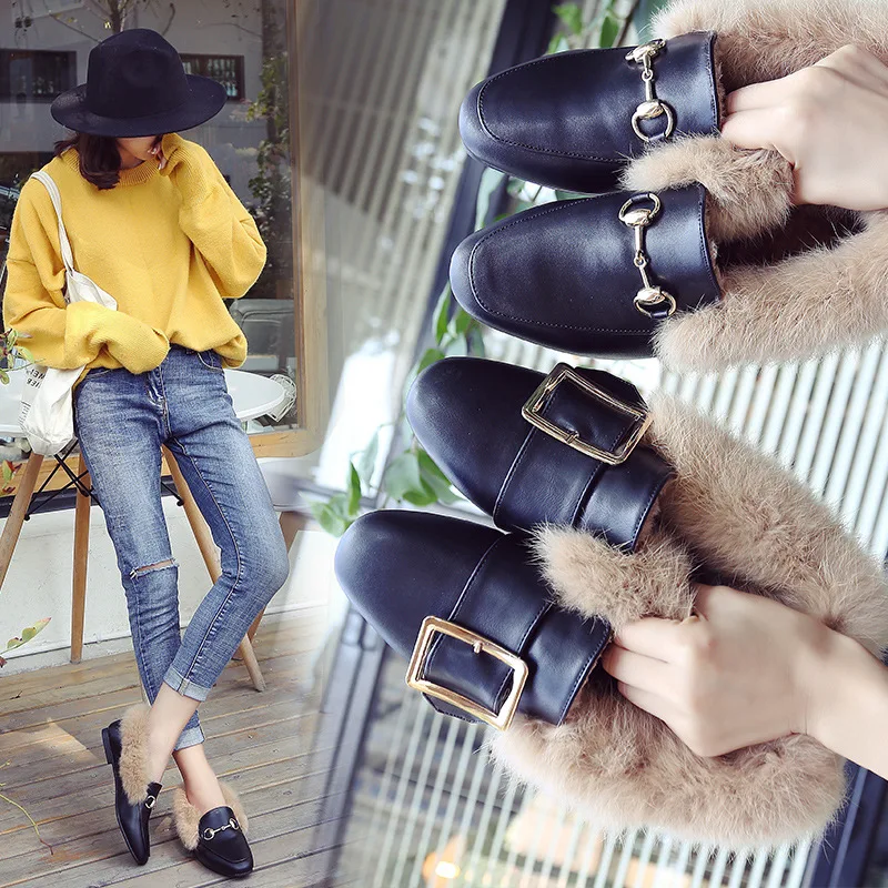

2019 Korean-style Fluffy Shoes Autumn And Winter New Style Closed-toe Semi-Slipper Flat Genuine Leather Plush Slipper Outer Wear