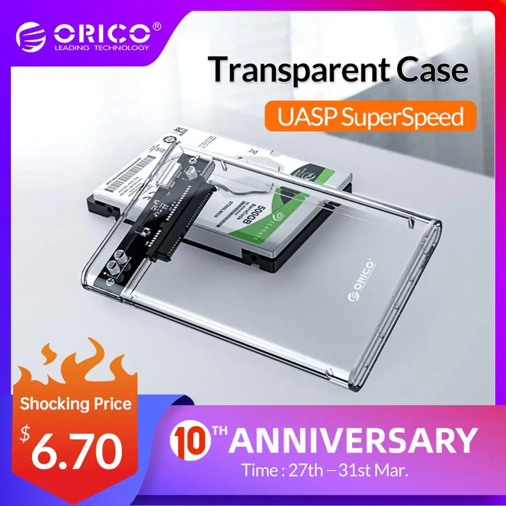 ORICO HDD Case 2.5 inch Transparent SATA to USB za $7.19 / ~27zł