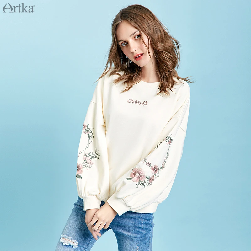 ARTKA осень Новая женская толстовка хлопок Элегантная вышивка Толстовка фонарь рукав o-образным вырезом пуловер Толстовка VA10496Q