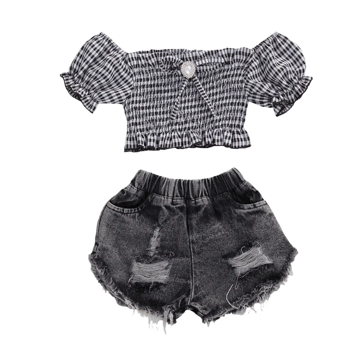 

2Pcs Cute Toddler Baby Kids Girls Clothes Off Shoulder Short Sleeve Plaid Tops+ Denim Shorts Pants Outfits Clothes