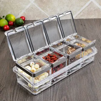 

Acrylic Clear Seasoning Box Separable Spice Rack Jar Salt Sugar Organizer Container with Cover Spoon JS23
