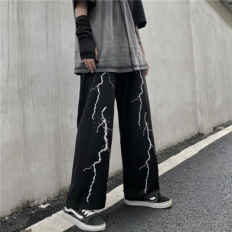 Men summer loose straight lightning print vintage sweatpants high street trousers-size male clothing wide leg pants,wide leg sweatpants