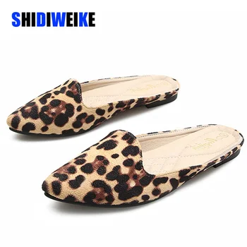 

Summer Flats Mules Lady Sandals Slippers Leopard Print Slip On Pointed Toe Women Mules Outdoor Slipper Shoes Slides AB315