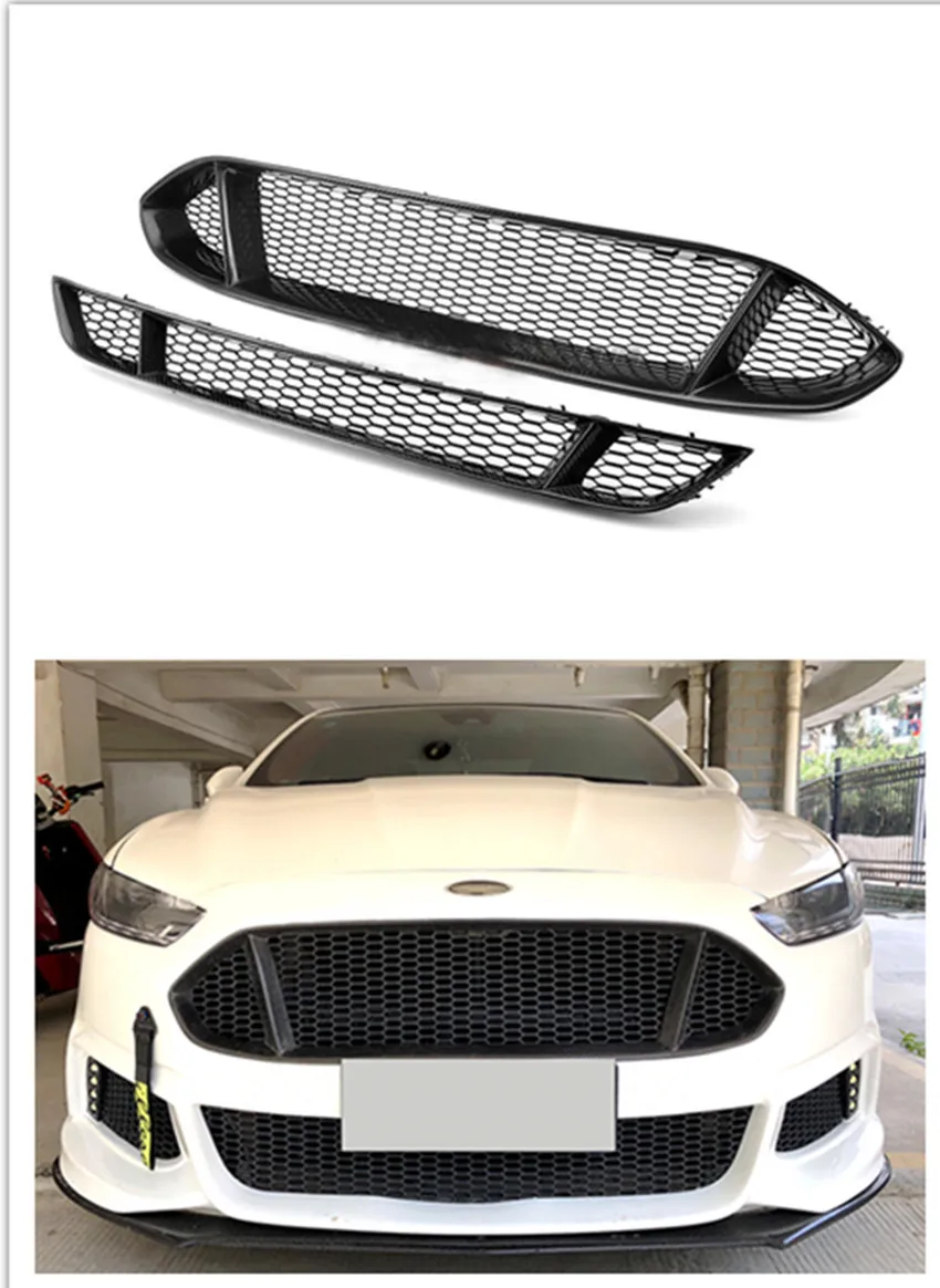 2pcs Carbon Fiber Grille Grilles Honeycomb Insert Front Mesh Bumper Upper + Lower Set Refit For Ford Mondeo Fusion 2013-2016 14 |