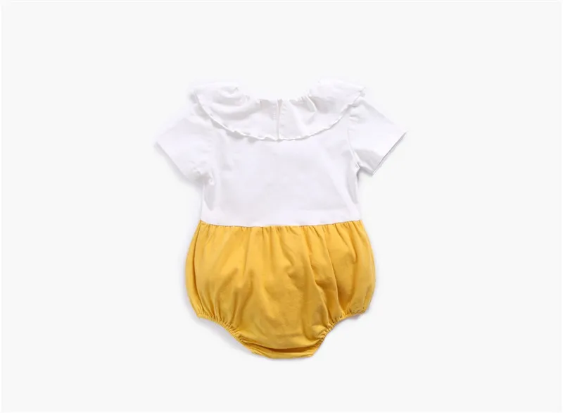 Летние комбинезоны для девочек с короткими рукавами и оборками; милый желтый комбинезон с принтом; цельная одежда; комбинезон; одежда для детей 0-36 месяцев