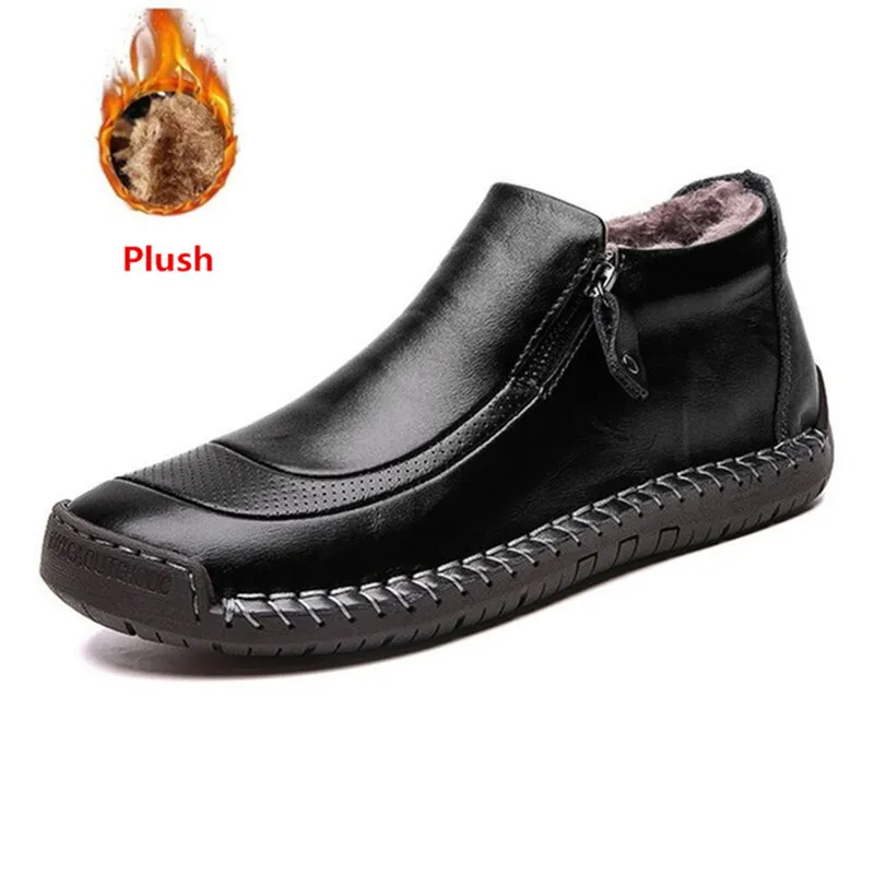 Размер 38-48 зимние Мужские зимние сапоги высокое качество кожаные плюшевые Мужские ботильоны Обувь на теплом меху Для мужчин сапоги осень Мужская обувь повседневная обувь - Цвет: black Plush
