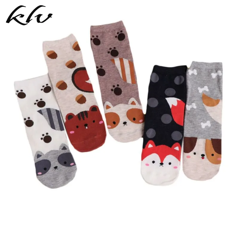 5 пар, женские носки Kawaii, чёсаный хлопок, прямые, милые цветные носки с рисунками животных, собак, кошек, принт белки, чулочно-носочные изделия, подарки