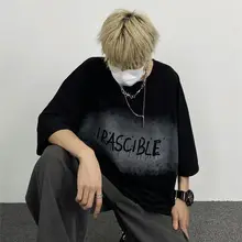 Camiseta de manga media para hombre, camiseta de verano de marca, color negro oscuro, con estampado de letras de graffiti, ropa holgada de gran tamaño