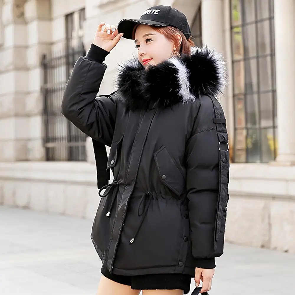 Vielleicht зимняя куртка Женская Толстая теплая парка с капюшоном Mujer хлопковое стеганое короткое пальто Большая Меховая теплая куртка пальто Женская - Цвет: Black With Black Fur