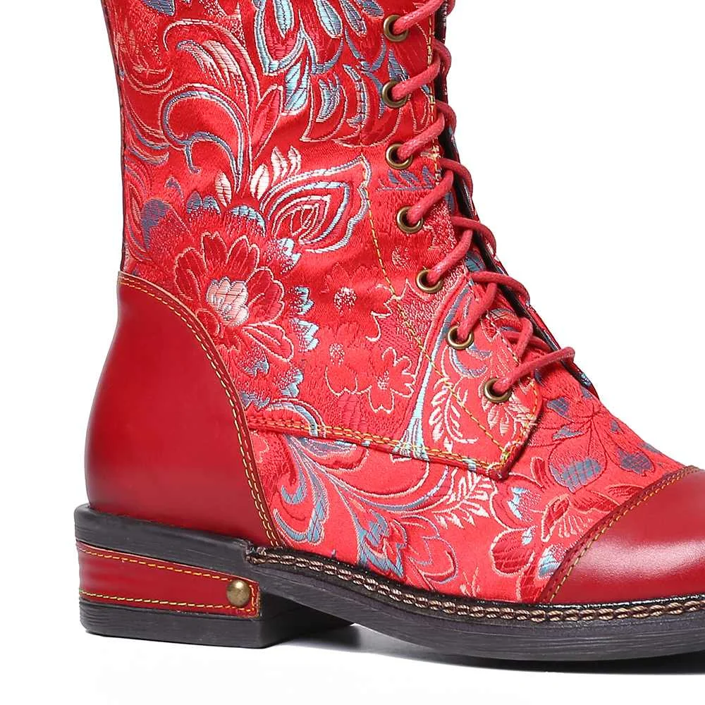 SOCOFY/Элегантные разноцветные сапоги до середины икры на плоской подошве со шнуровкой на молнии с цветочным узором; элегантная обувь; женская обувь; botas Mujer