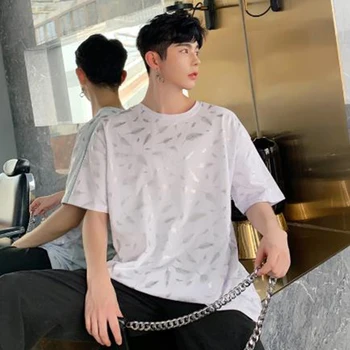 

Men Short Sleeve Feather Print Loose Casual T Shirt Male Streetwear Hip Hop Fashion Shining Tshirt Black White Tees Shirts