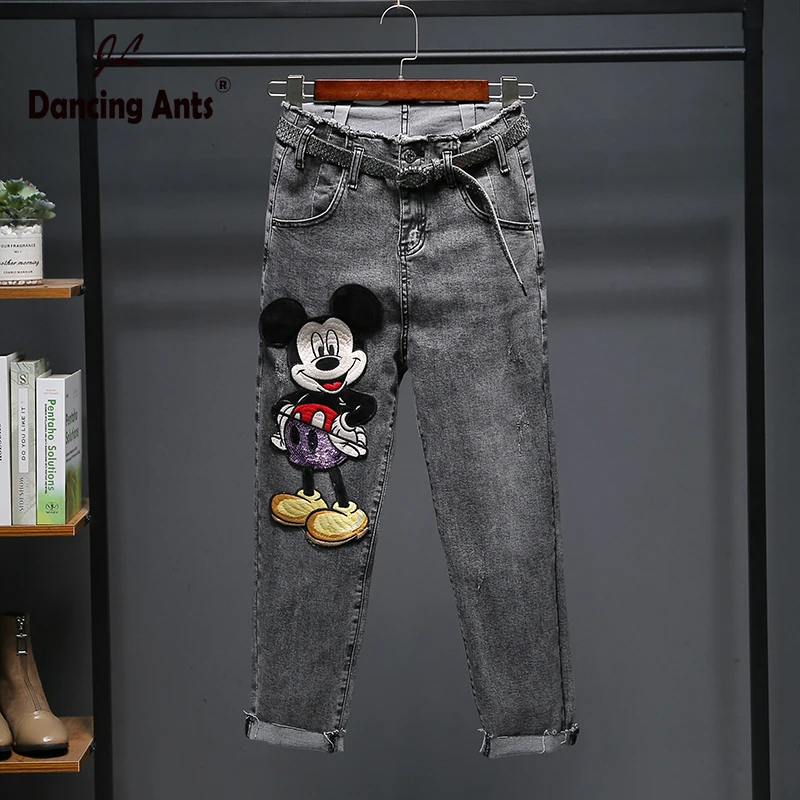 Women Jeans Cartoon Embroidery Patchwork Korean Slim Denim Cargo Pants 2020 Summer New Femme Fashion Casual Scratched |
