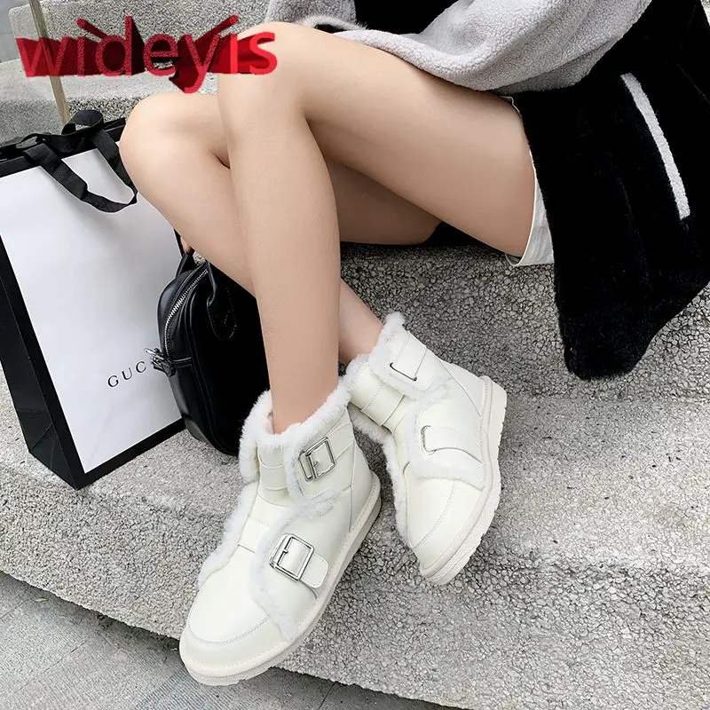 Ботинки женские WIDEYIS Зимние новые кожаные шерстяные снежные ботинки на плоской подошве круглые толстые шерстяные на подкладке зимние ботинки теплые ботильоны / размер 34-43
