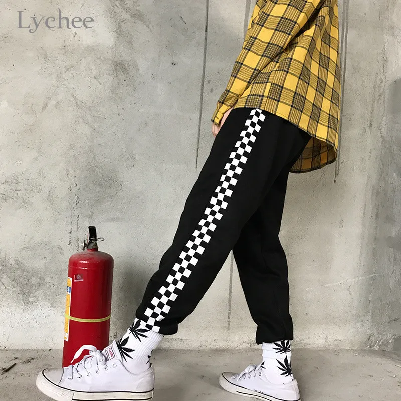 Lychee Harajuku клетчатые Женские флисовые штаны с эластичным поясом женские повседневные штаны для бега свободные Весенние осенние зимние женские брюки