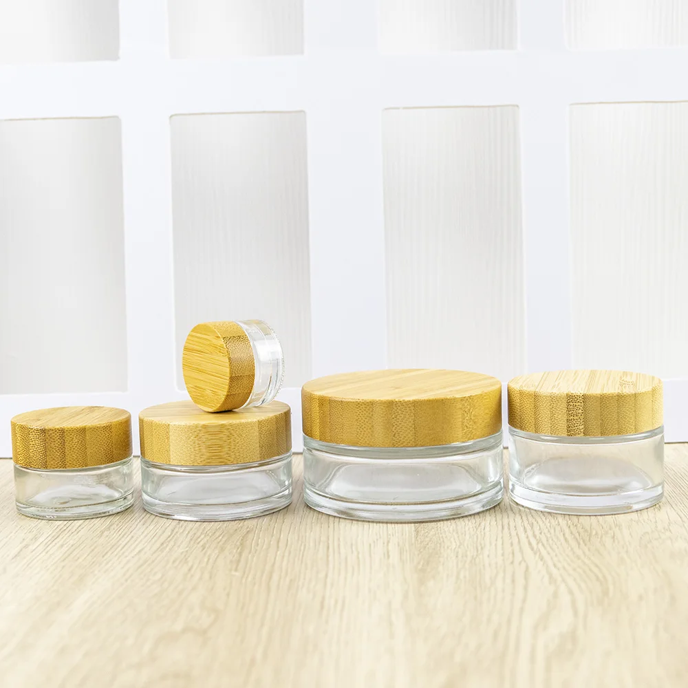6Pcs 5ml 15ml 30ml 50ml 100ml Clear Glass Hand Cream Bottles Bamboo Cap Cosmetics Gifts Skin Care Products