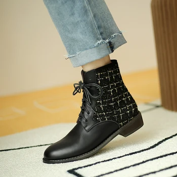 

patchwork Women Ankle Boots Genuine Leather low Heels Shoes Woman Autumn Winter Round Toe Cross-tied Motocycle Boots