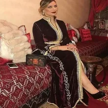 Karakou Algérien вечерние платья с длинным рукавом для выпускного вечера Бургундия бархат золото кружево Аппликация кафтан арабский разрез Вечерние платья