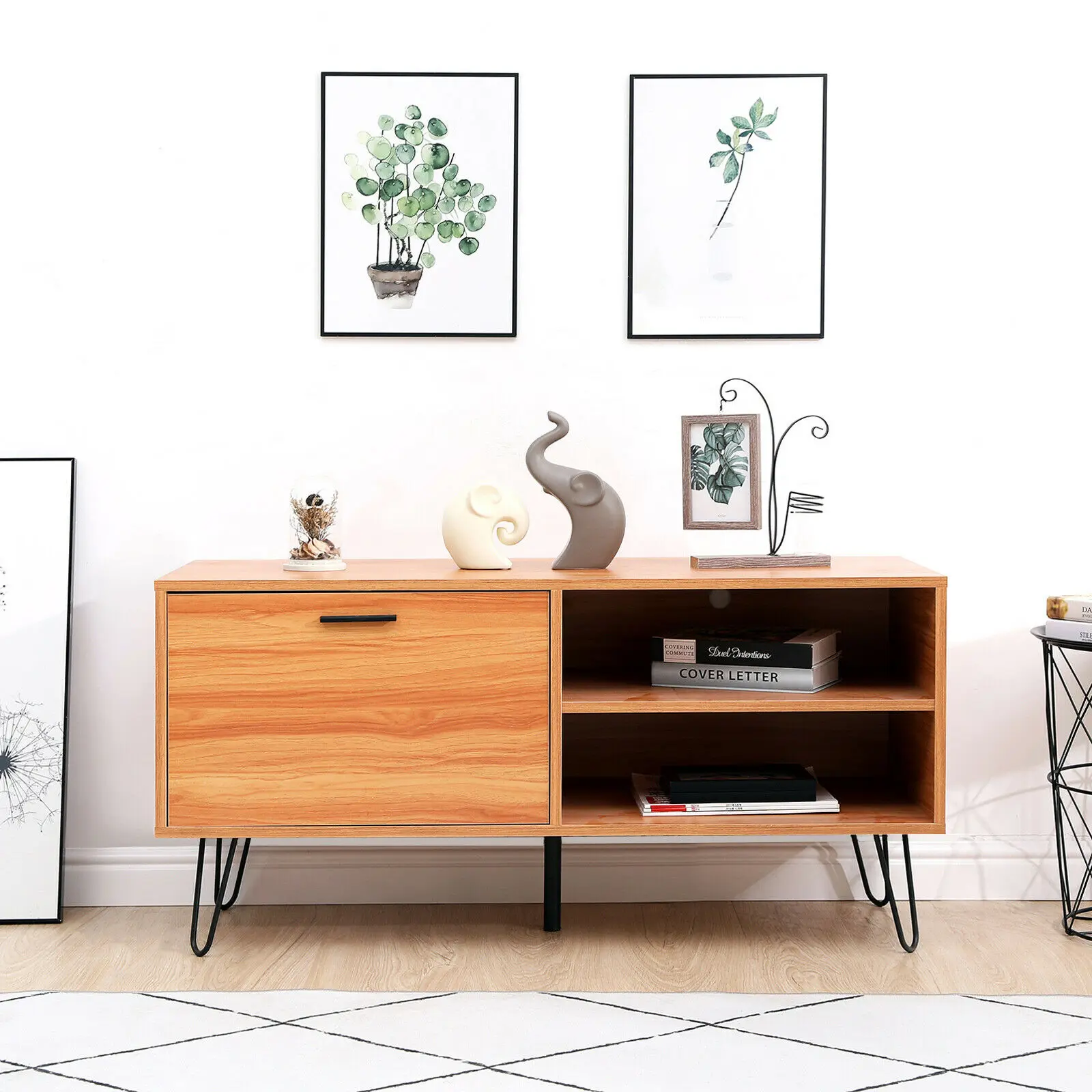 

TV Table Stand Unit 110cm Coffee Table TV cabinet Pull Down Door &Shelves Oak Effect Living Room DIY Furniture