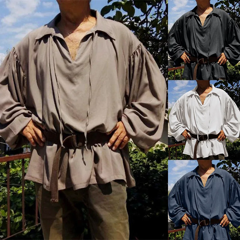 Renaissance Men Knight Top Bandage Shirt Medieval Peasant Pirate Cosplay Costume