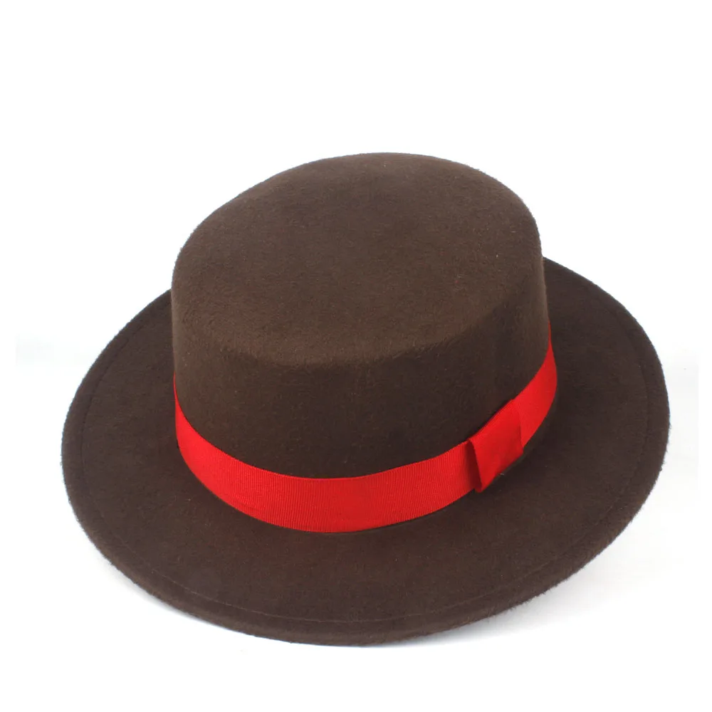 Coffee Женская шерстяная шляпа Fedora на плоской подошве с красной лентой, элегантная женская одежда, Трилби, свиной пирог, чародейка, джазовая шляпа, размер 56-58 см - Цвет: Coffee