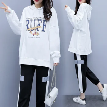 

2019 Autumn Printed Letter Women 2 Piece Set Cartoon Harajuku Hooded Tops And Pants Two Piece Suit Female Plus Size clothes