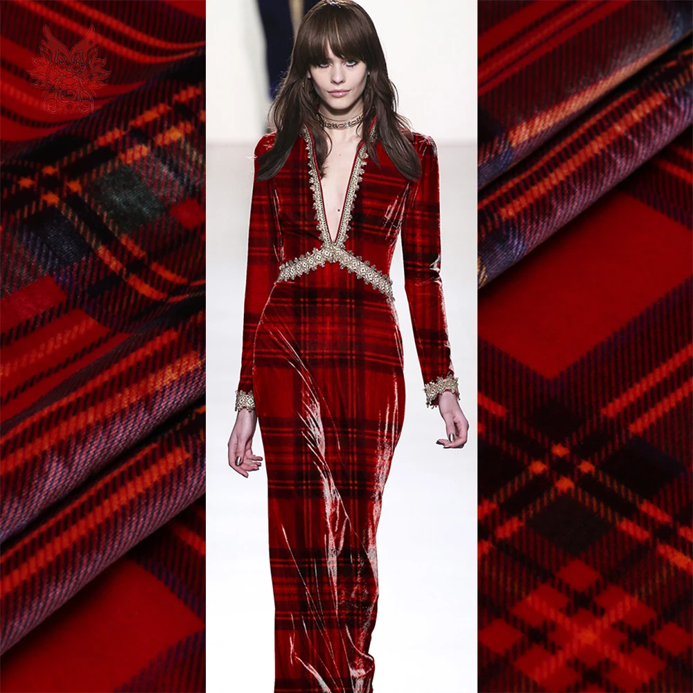 Лучшая цена Babuge красный плед печатных жоржет шелк Бархат Ткань для женщин зимнее платье cheongsam tela de terciopelo SP5891