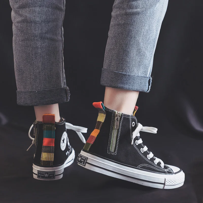 

2020 Spring New Women Canvas Shoes Black Sneakers Cloth High Top Colorful Back Trainers Side Zipper Flat Heel 35-40 Fashion Shoe