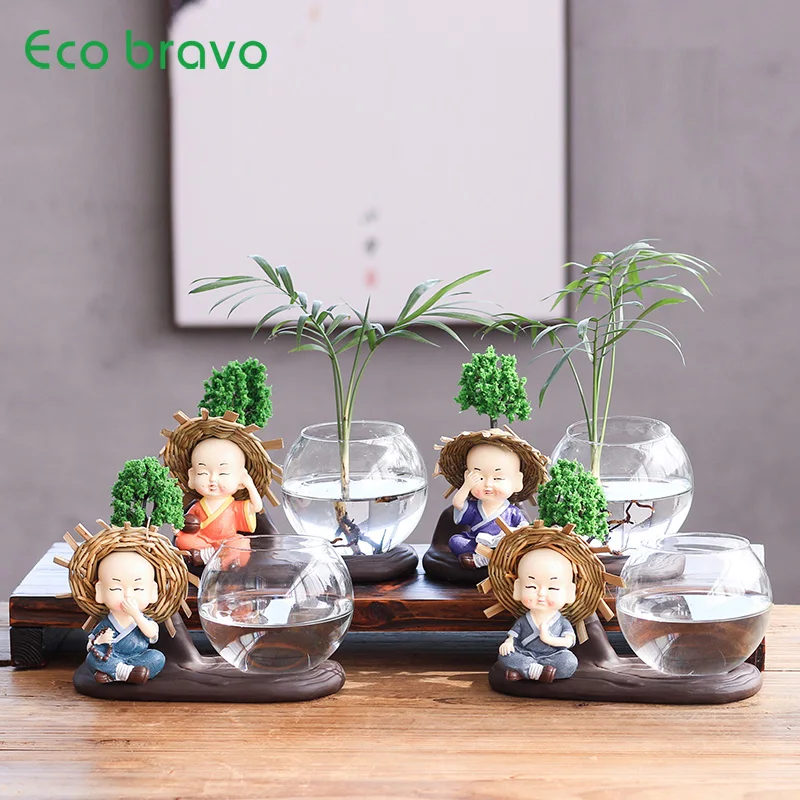 Ecoravo маленький Монах Будда с соломенной шляпой цветочный горшок Стеклянная
