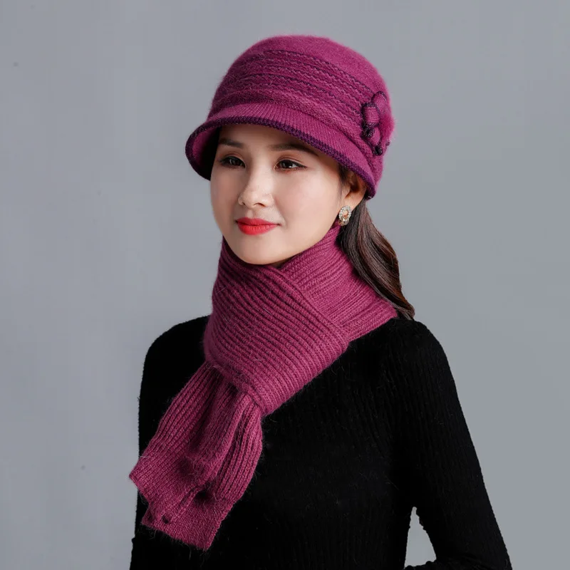 dark purple Новинка, зимняя женская шапка из кроличьего меха, шарф, женские шерстяные шапки с цветами, теплые вязаные шапки для девочек, зимние бархатные шапки для мамы, шарф - Цвет: dark purple